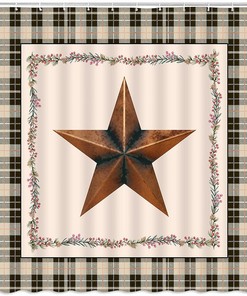 Primitive Buffalo Check Plaid Shower Curtain with Western Texas Star Vintage Design for Bathroom Decor