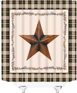 Primitive Buffalo Check Plaid Shower Curtain with Western Texas Star Vintage Design for Bathroom Decor