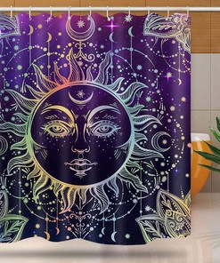 Psychedelic Theme Shower Curtain with a Burning Sun & Starry Sky for a Cosmic Vibe 