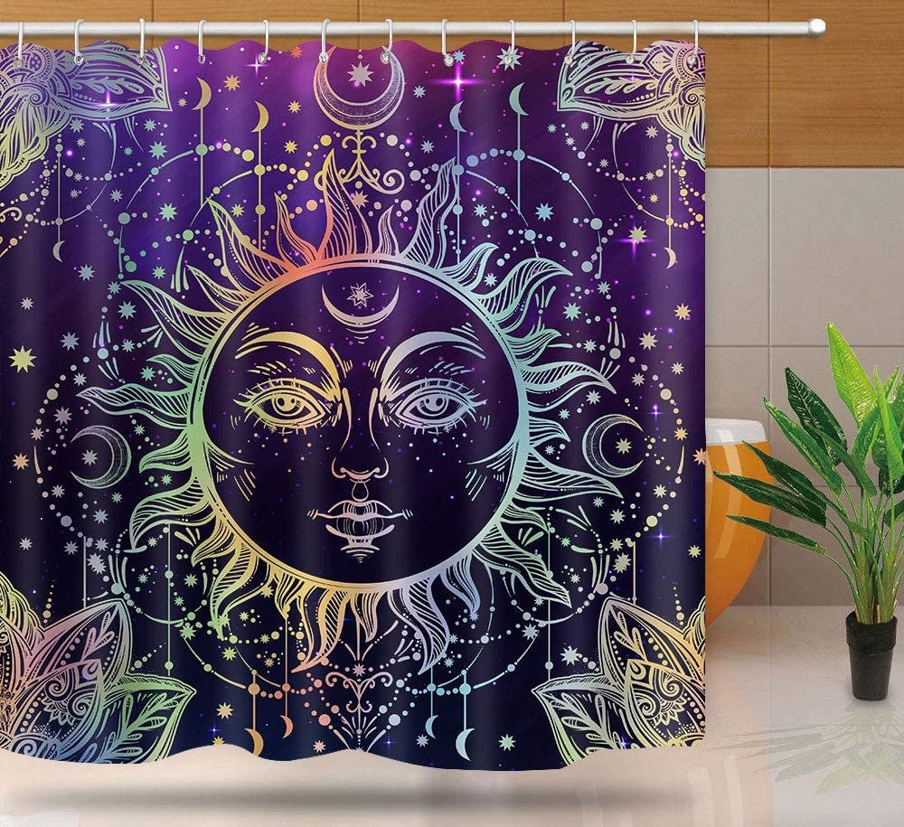 Psychedelic Theme Shower Curtain with a Burning Sun & Starry Sky for a Cosmic Vibe