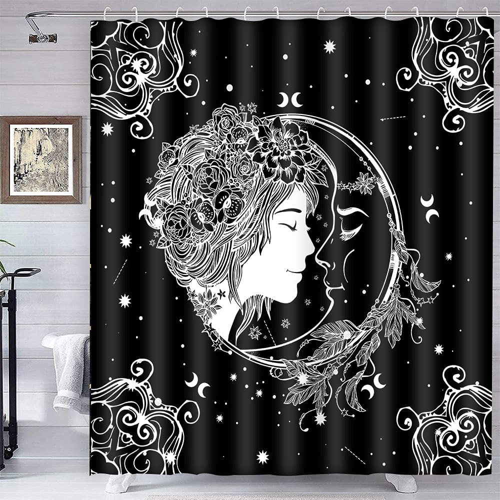 Psychedelic Theme Shower Curtain with a Burning Sun & Starry Sky for a Cosmic Vibe