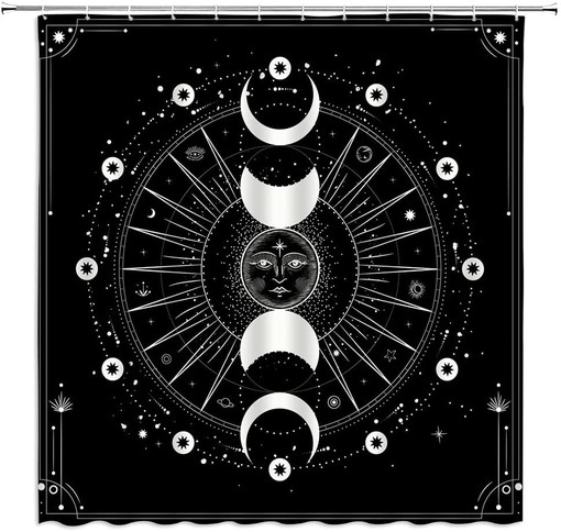 Psychedelic Theme Shower Curtain with a Burning Sun & Starry Sky for a Cosmic Vibe