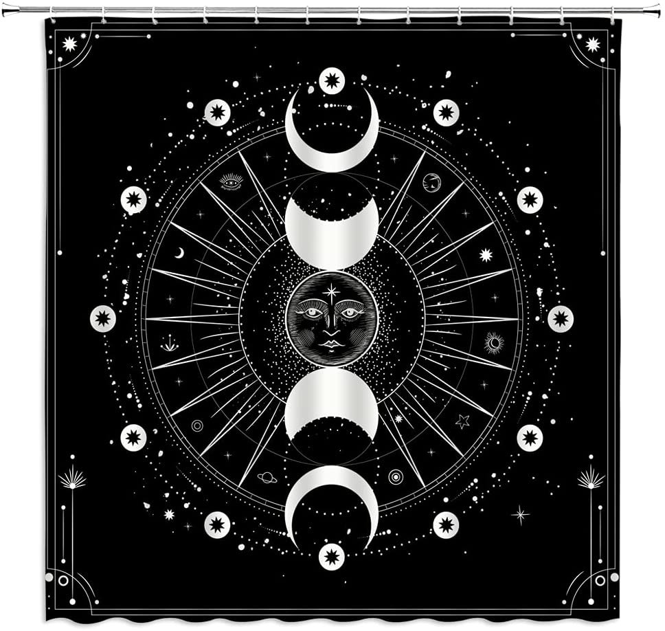 Psychedelic Theme Shower Curtain with a Burning Sun & Starry Sky for a Cosmic Vibe