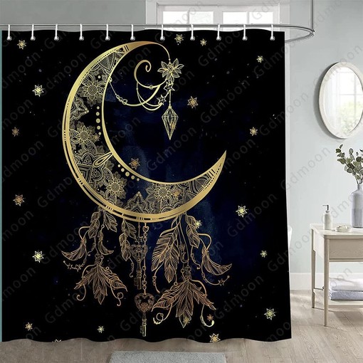 Psychedelic Theme Shower Curtain with a Burning Sun & Starry Sky for a Cosmic Vibe