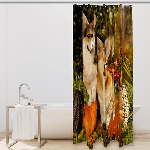 Pumpkin Fall Shower Curtain with Cute Corgi Dogs for Pet Lovers Bathroom Decor