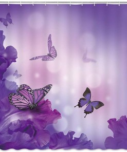 Purple Flower Butterflies Shower Curtain for Bathroom Decor
