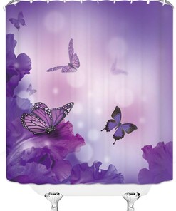 Purple Flower Butterflies Shower Curtain for Bathroom Decor