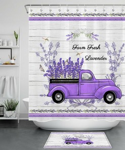 Purple Retro Truck and Lavender Dragonfly Shower Curtain - Rustic Bathroom Decor