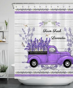 Purple Retro Truck and Lavender Dragonfly Shower Curtain - Rustic Bathroom Decor