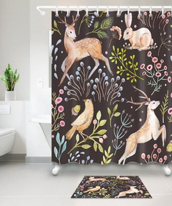 Rabbit and Flowers Watercolor Deer Shower Curtain - Bathroom Waterproof Fabric