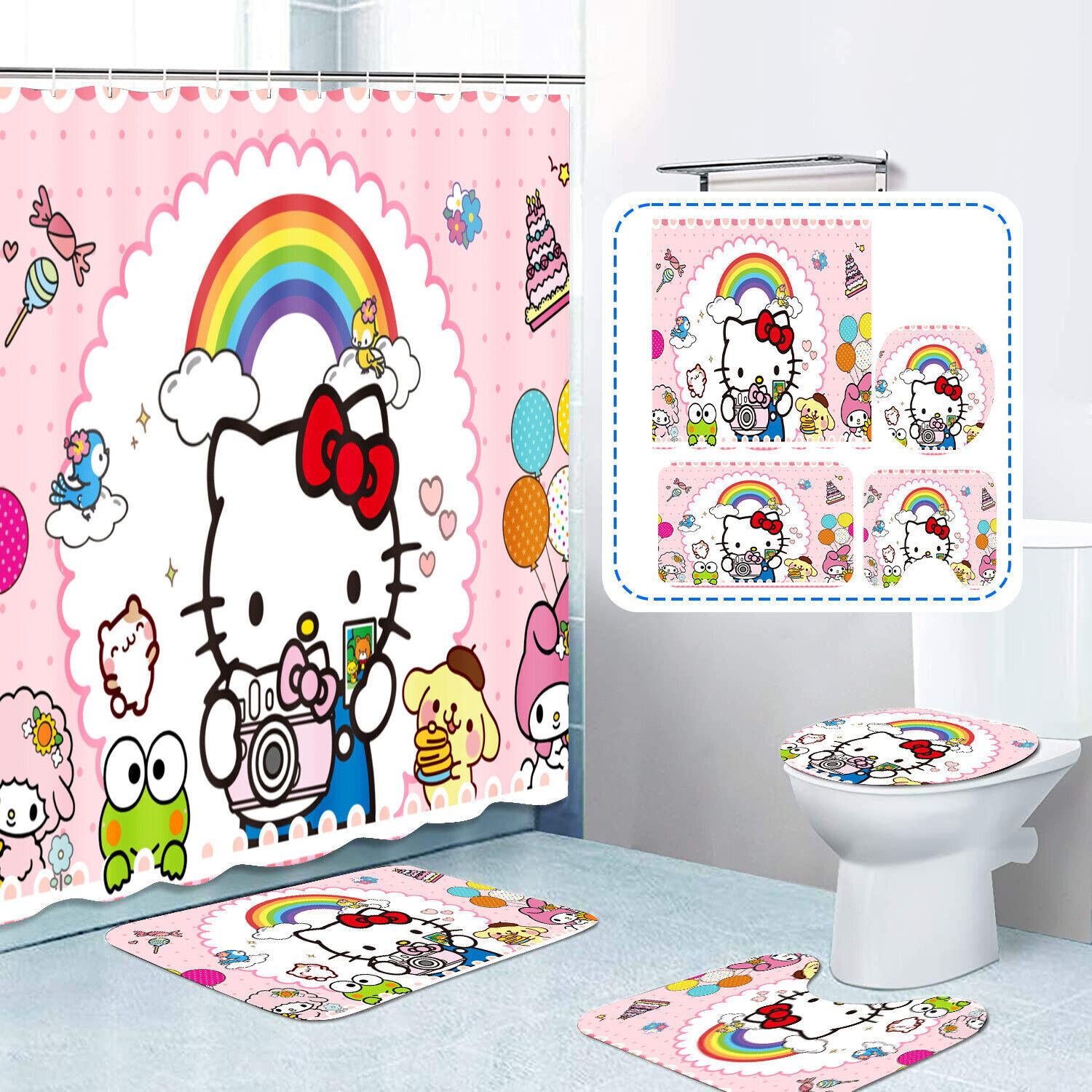 Rainbow Hello Kitty Waterproof Shower Curtain for Bathroom Decor