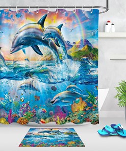 Rainbow and Ocean Tropical Shower Curtain - Fabric Bath Curtain Ideal for Your Bathroom Decoration
