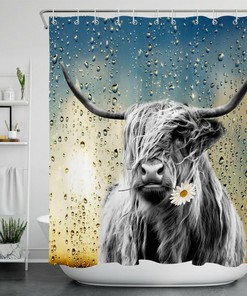 Raindrop Daisy Highland Cow Farmhouse Shower Curtain for Bathroom Decor