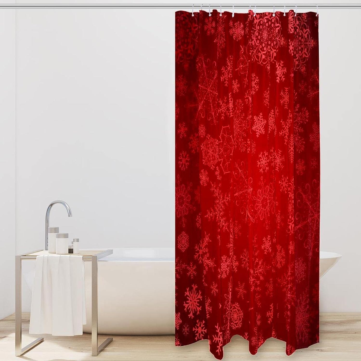 Red Background Snowflake Shower Curtain for Home Decor