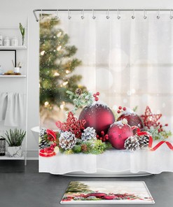 Red Christmas Ball Ribbon Snowflake Shower Curtain for Home Decor