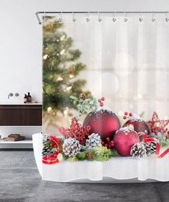 Red Christmas Ball Ribbon Snowflake Shower Curtain for Home Decor