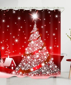 Red Christmas Village Shower Curtain for Bathroom Decor