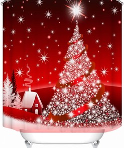 Red Christmas Village Shower Curtain for Bathroom Decor
