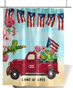 Red Farm Truck Puerto Rico Flag Frog Shower Curtain - Spring Flower Beach Waterproof Bath Curtain for Home Decor