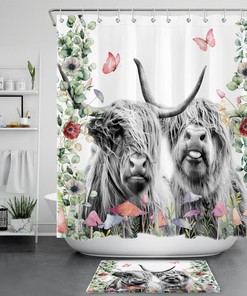 Red Highland Cow Shower Curtain with Floral Mushroom Botanical Print - Bathroom Accessories