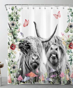Red Highland Cow Shower Curtain with Floral Mushroom Botanical Print - Bathroom Accessories