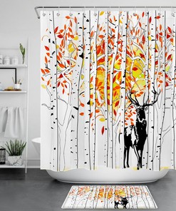 Red Leaf Autumn Forest Watercolor Elk Deer Shower Curtain - Housewarming Gift