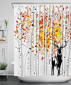 Red Leaf Autumn Forest Watercolor Elk Deer Shower Curtain - Housewarming Gift