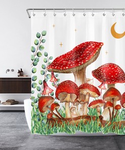 Red Mushroom and Eucalyptus Leaf Shower Curtain - Bathroom Decor