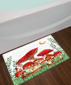 Red Mushroom and Eucalyptus Leaf Shower Curtain - Bathroom Decor