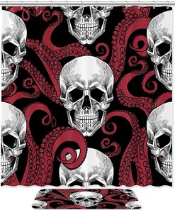 Red Octopus Skull Pattern Shower Curtain Bathroom Decor