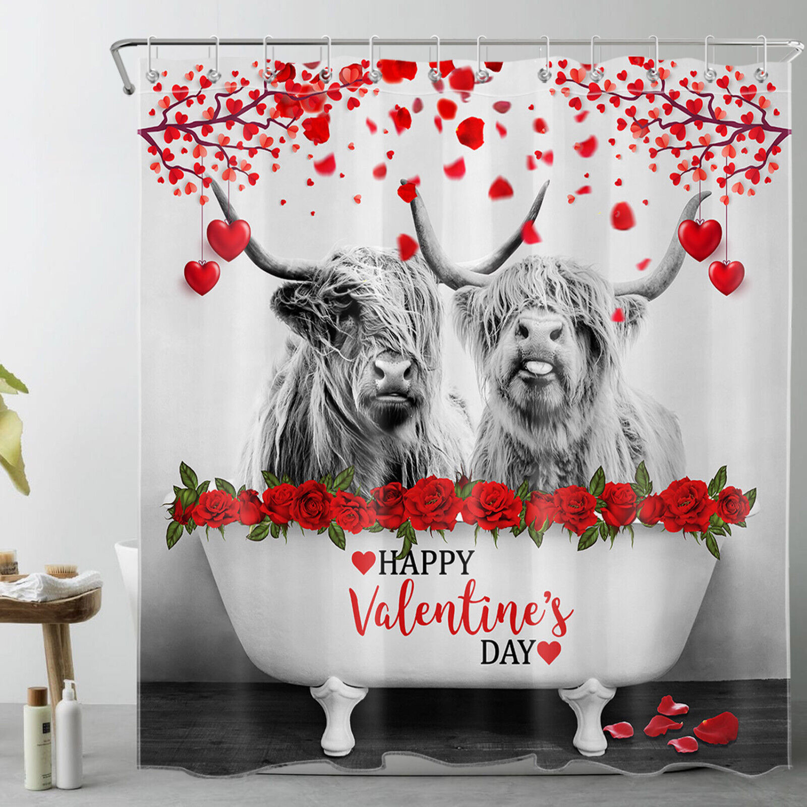 Red Rose Love Heart Highland Cow Shower Curtain Set for Bathroom Decor