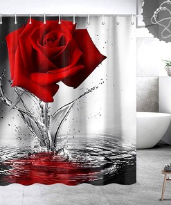 Red Water Rose Floral Botanical Shower Curtain - Waterproof Flowers and Plants Print on Fabric for Bathroom Decor