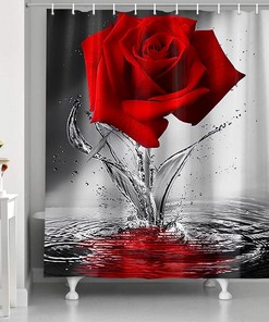 Red Water Rose Floral Botanical Shower Curtain - Waterproof Flowers and Plants Print on Fabric for Bathroom Decor
