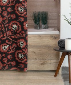 Red and Black Damask Skull Shower Curtain for Gothic Bathroom Decor