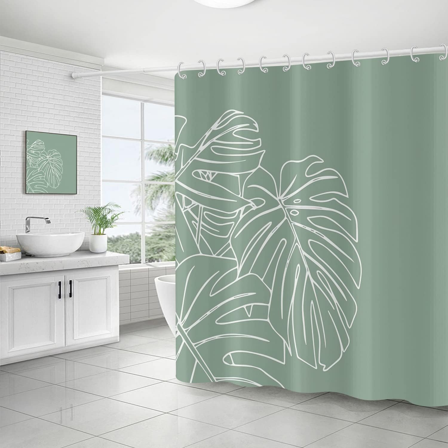 Refreshing Green Shower Curtain with Tropical Palm Leaves and Green Leaf Plants Pattern: Perfect for Your Bathroom Decor