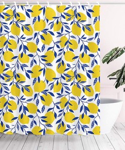 Refreshing Yellow Lemon and Navy Blue Leaves Shower Curtain: Perfect for Your Bathroom