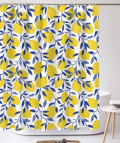Refreshing Yellow Lemon and Navy Blue Leaves Shower Curtain: Perfect for Your Bathroom