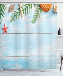 Relaxing Tropical Beach Rustic Shower Curtain - Seashells and Palms Picture