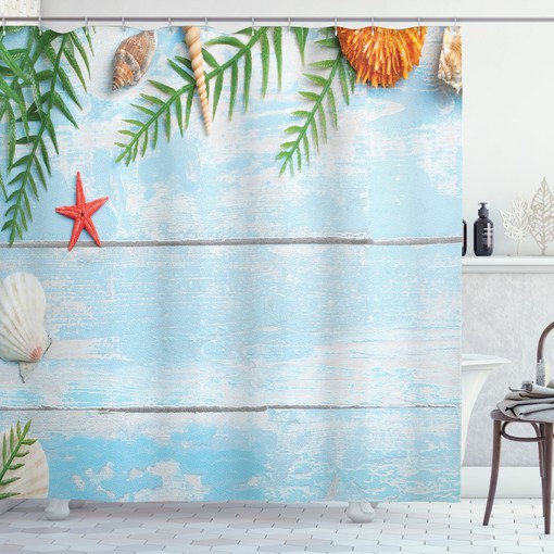 Relaxing Tropical Beach Rustic Shower Curtain - Seashells and Palms Picture