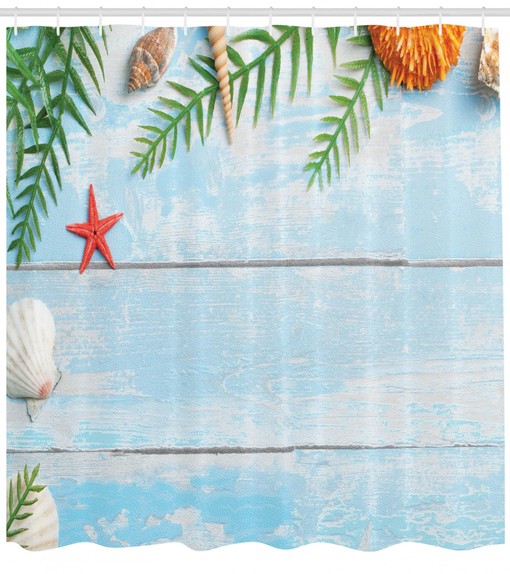 Relaxing Tropical Beach Rustic Shower Curtain - Seashells and Palms Picture
