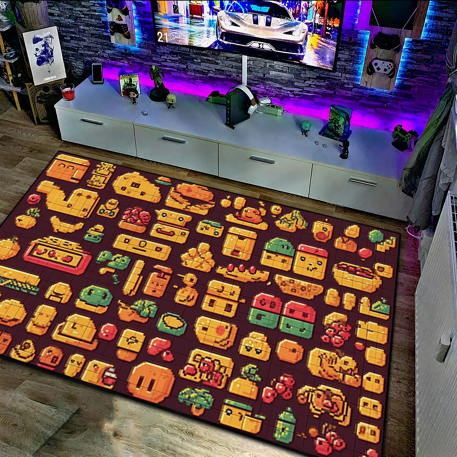 Retro Arcade Food Arcade Pattern Rug, Customizable Area Rug for Living Room