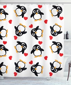 Retro Art Penguin and Hearts Pattern Valentines Print Shower Curtain