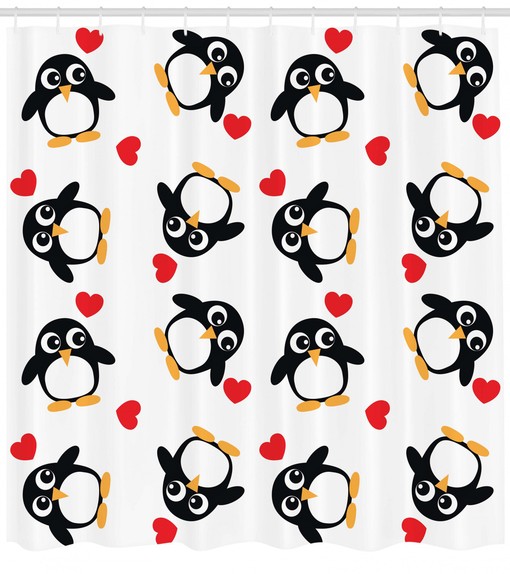 Retro Art Penguin and Hearts Pattern Valentines Print Shower Curtain