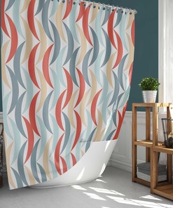 Retro Blue and Red Geometric Fabric Shower Curtain for Bathroom Decor 