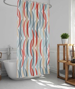 Retro Blue and Red Geometric Fabric Shower Curtain for Bathroom Decor