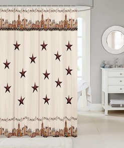 Retro Botanical Floral Leaves Cowboy Bath Curtain in Brown for Western Bathroom Decor