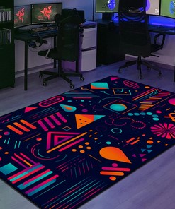 Retro Charm with Neon Shapes in 90s Geometric Style, Customizable Gamer Rug