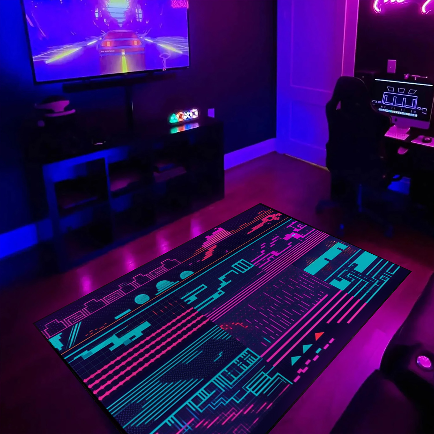 Retro Game Overlays Arcade Pattern Rug, Personalized Area Rug for Living Room