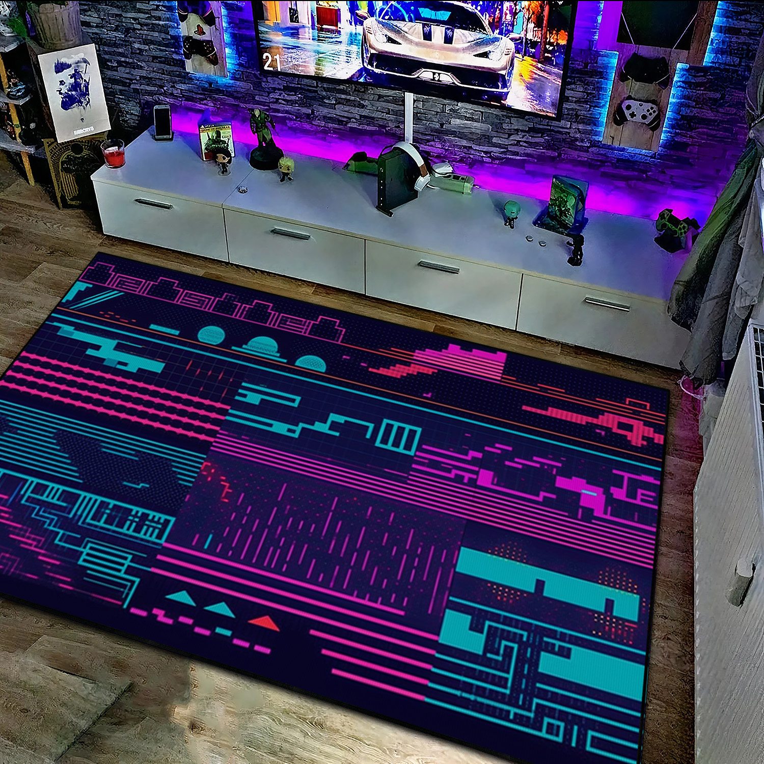 Retro Game Overlays Arcade Pattern Rug, Personalized Area Rug for Living Room