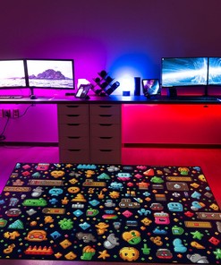 Retro Gaming Icons Black Pixelated Icons on a Nostalgic Pattern